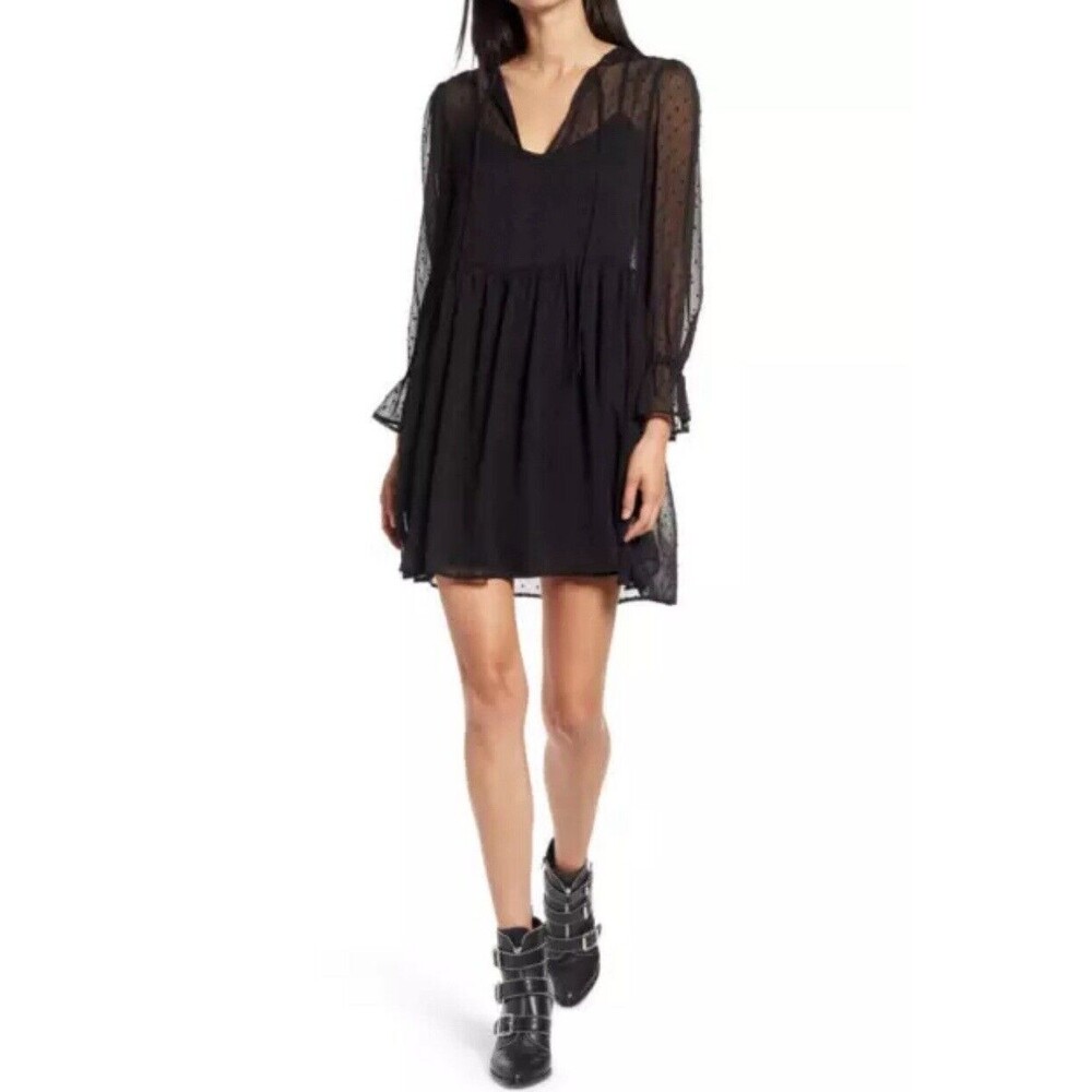 WAYF Size Medium Flared Cuff Black Long Sleeve Swiss Dot Mini Dress Flowy